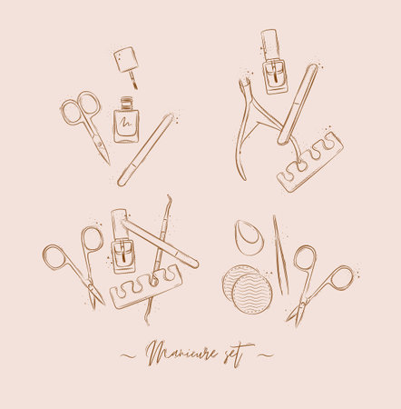 Manicure and pedicure proffesional tools compositions collection with wire cutters, nail file, scissors, nail polish, toe separator, cuticle pusher spoon drawing on light brown backgroundのイラスト素材
