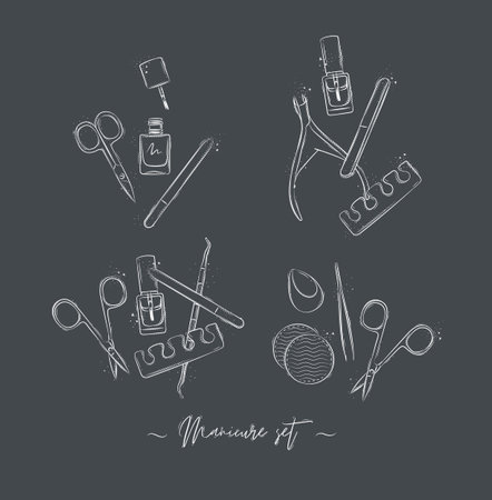 Manicure and pedicure proffesional tools compositions collection with wire cutters, nail file, scissors, nail polish, toe separator, cuticle pusher spoon drawing on grey backgroundのイラスト素材