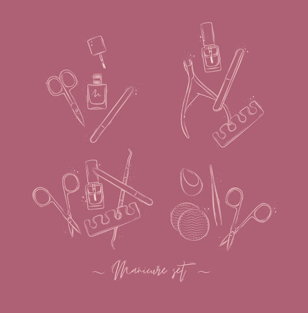 Manicure and pedicure proffesional tools compositions collection with wire cutters, nail file, scissors, nail polish, toe separator, cuticle pusher spoon drawing on pink backgroundのイラスト素材