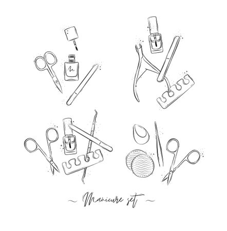 Manicure and pedicure proffesional tools compositions collection with wire cutters, nail file, scissors, nail polish, toe separator, cuticle pusher spoon drawing on white backgroundのイラスト素材