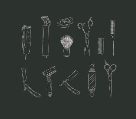 Barbershop collection with clipper, trimmer, blade, shaving brush, scissors, comb, straight razor, barber pole drawing on black backgroundのイラスト素材