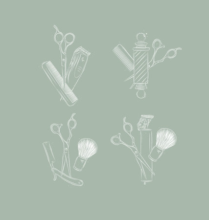 Barbershop symbol compositions collection with clipper, trimmer, blade, shaving brush, scissors, comb, straight razor, barber pole drawing on green backgroundのイラスト素材