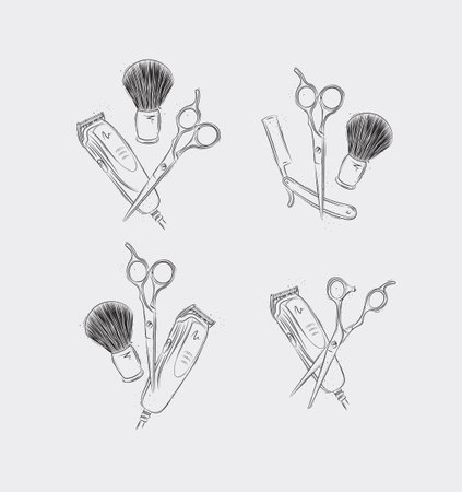 Barbershop haircut and shave collection with clipper, trimmer, blade, shaving brush, scissors, comb, straight razor, barber pole drawing on light backgroundのイラスト素材