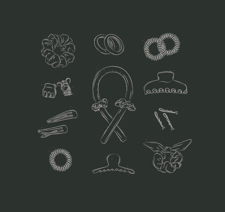 Elastic bands and hair clips collection drawing on black backgroundのイラスト素材