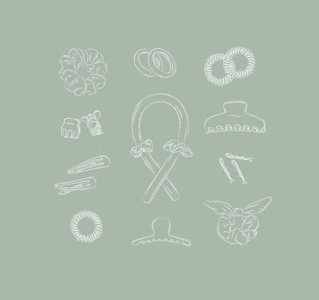 Elastic bands and hair clips collection drawing on green backgroundのイラスト素材