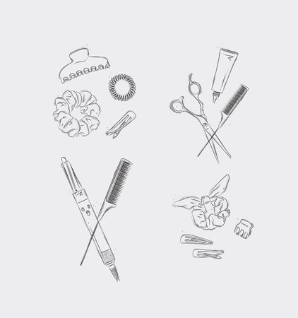 Collection of tools and accessories for creating hairstyles drawing on light backgroundのイラスト素材
