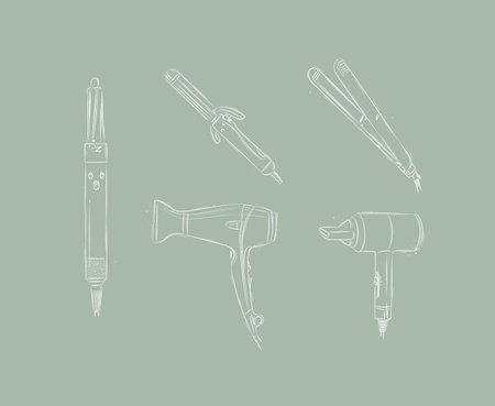 Hair straightener, curling iron, hairdryer collection for creating model drawing on green backgroundのイラスト素材