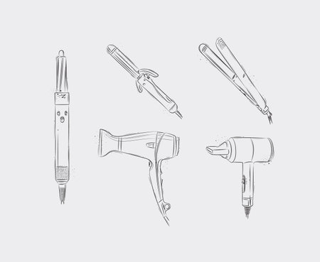 Hair straightener, curling iron, hairdryer collection for creating model drawing on light backgroundのイラスト素材