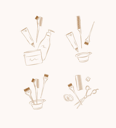 Hair dye tools and accessories compositions drawing on brown backgroundのイラスト素材