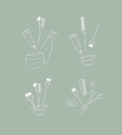 Hair dye tools and accessories compositions drawing on green backgroundのイラスト素材