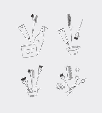 Hair dye tools and accessories compositions drawing on light backgroundのイラスト素材