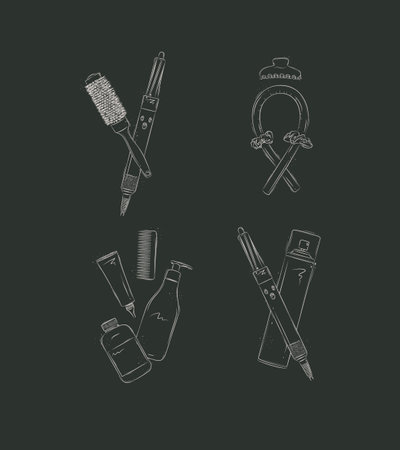 Curl syling tools composition drawing on black backgroundのイラスト素材