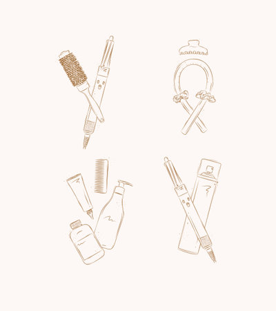 Curl syling tools composition drawing on brown backgroundのイラスト素材