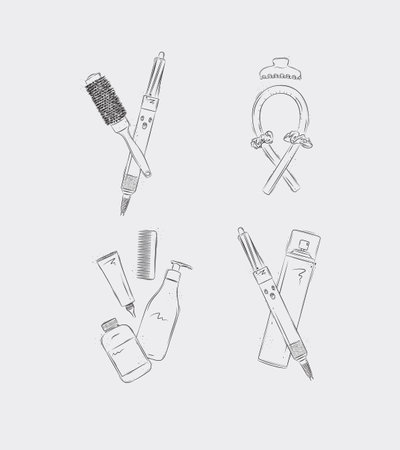 Curl syling tools composition drawing on light backgroundのイラスト素材
