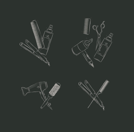 Hairdresser treatment tools composition drawing on black backgroundのイラスト素材