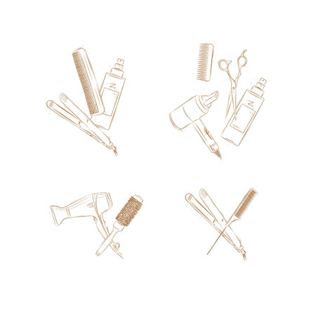 Hairdresser treatment tools composition drawing on brown backgroundのイラスト素材