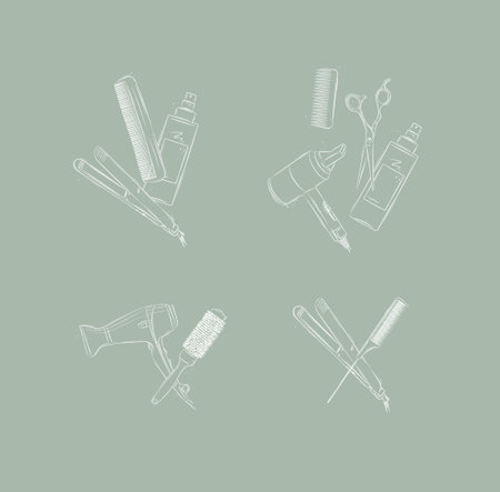 Hairdresser treatment tools composition drawing on green backgroundのイラスト素材