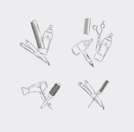 Hairdresser treatment tools composition drawing on light backgroundのイラスト素材