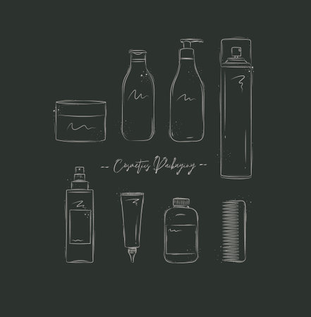 Hair cosmetics packaging containers drawing on black backgroundのイラスト素材