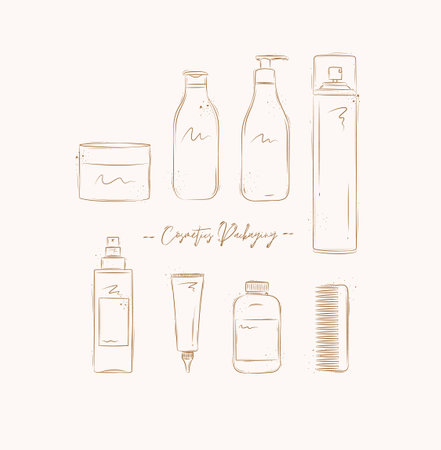 Hair cosmetics packaging containers drawing on brown backgroundのイラスト素材