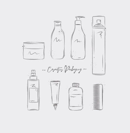 Hair cosmetics packaging containers drawing on light backgroundのイラスト素材