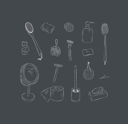 Bathroom accessories elements toilet paper, shower brush, soap, cotton sponge, washcloth, razor, mirror, toilet brush, pumice stone, ear sticks, cosmetic wipes drawing on black backgroundのイラスト素材