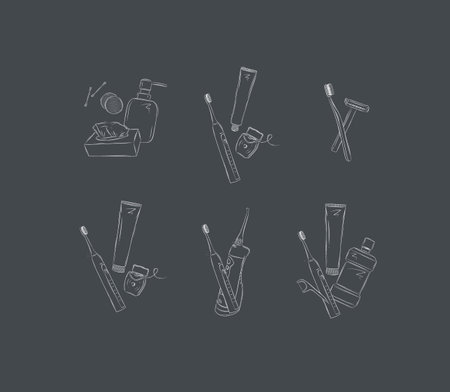 Dental care compositions with ear sticks, sponge, wipes, toothbrush, dental floss, toothpaste, razor, irrigator drawing on black backgroundのイラスト素材