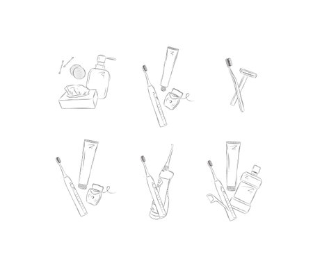 Dental care compositions with ear sticks, sponge, wipes, toothbrush, dental floss, toothpaste, razor, irrigator drawing on white backgroundのイラスト素材