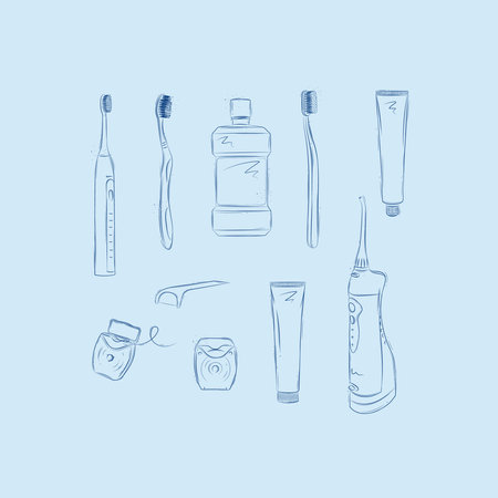 Dental care accessories electric toothbrush, regular toothbrush, mouthwash, toothpaste, tooth gel, dental floss, irrigator drawing on blue backgroundのイラスト素材