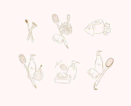 Hygiene bathroom accessories compositions with elements toothbrush, razor, soap, washcloth, shower brush, toilet paper roll, shampoo bottle, pumice stone, ear buds, cotton sponge, cosmetic wipes, shower gel drawing on beige backgroundのイラスト素材