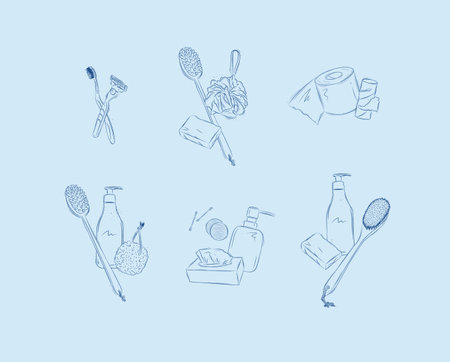 Hygiene bathroom accessories compositions with elements toothbrush, razor, soap, washcloth, shower brush, toilet paper roll, shampoo bottle, pumice stone, ear buds, cotton sponge, cosmetic wipes, shower gel drawing on blue backgroundのイラスト素材
