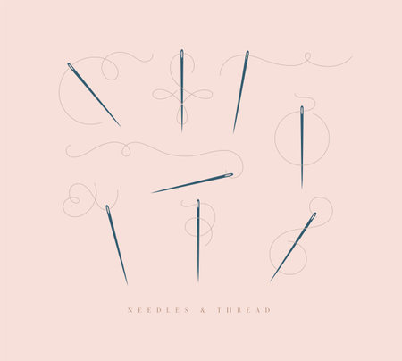 Needles and curly threads in different positions drawing on peach backgroundのイラスト素材