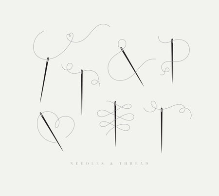 Needles and curly threads collection in different positions drawing on grey backgroundのイラスト素材