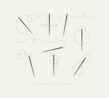 Needles and curly threads in different positions drawing on grey backgroundのイラスト素材
