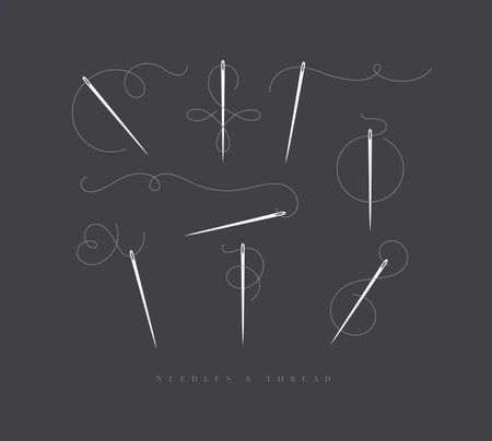 Needles and curly threads in different positions drawing on brown backgroundのイラスト素材