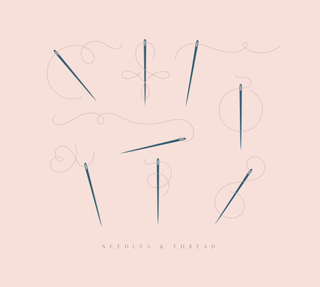 Needles and curly threads in different positions drawing on peach backgroundのイラスト素材