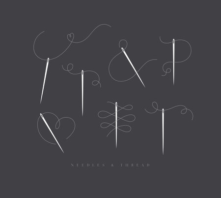 Needles and curly threads collection in different positions drawing on brown backgroundのイラスト素材