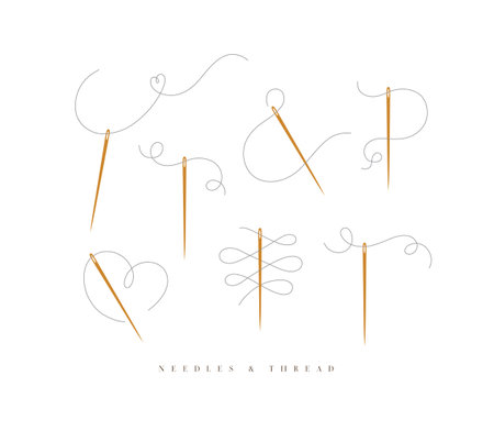Needles and curly threads collection in different positions drawing on white backgroundのイラスト素材