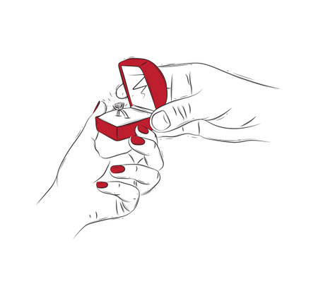 Man makes an wedding purpose to a girl and gives a ring in a jewelry box drawing on white background with redのイラスト素材