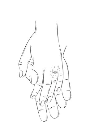 Hands of woman with ring and man holding each other and waiting for the wedding drawing on white backgroundのイラスト素材