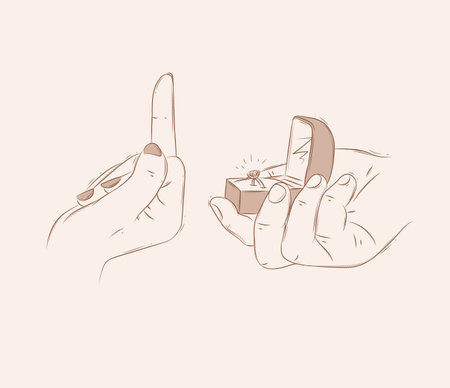 Woman hand hard reject marriage proposal with ring in jewelry box drawing on beige backgroundのイラスト素材