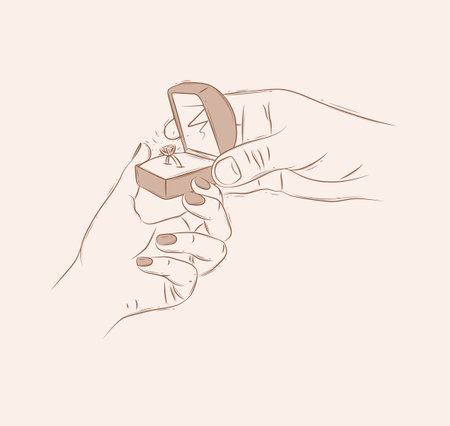 Man makes an wedding purpose to a girl and gives a ring in a jewelry box drawing on beige backgroundのイラスト素材