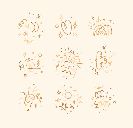 Cute color linear composition with moon, heart, rainbow, tornado, planets, symbols and elements drawing on beige backgroundのイラスト素材