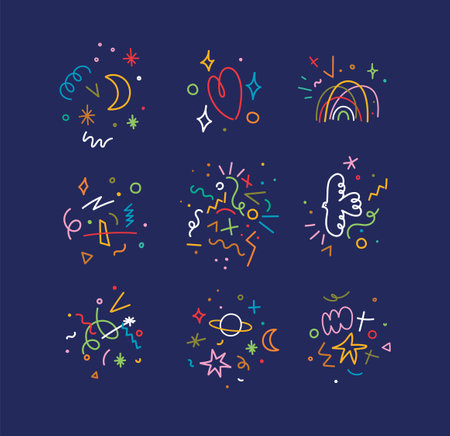 Cute color linear composition with moon, heart, rainbow, tornado, planets, symbols and elements drawing on blue backgroundのイラスト素材