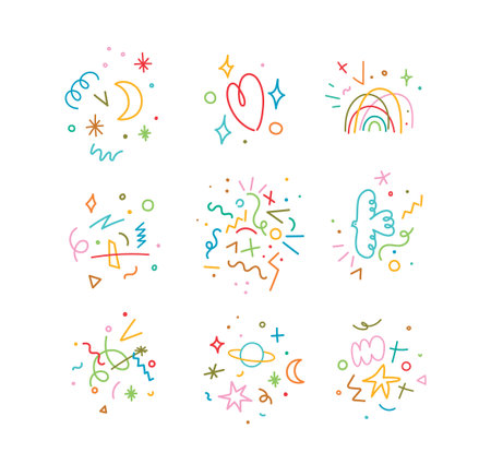Cute color linear composition with moon, heart, rainbow, tornado, planets, symbols and elements drawing on white backgroundのイラスト素材