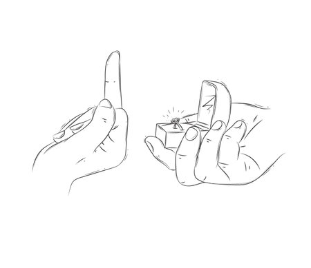 Woman hand hard reject marriage proposal with ring in jewelry box drawing on white backgroundのイラスト素材
