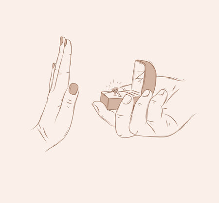 Woman hand reject marriage proposal with ring in jewelry box drawing on beige backgroundのイラスト素材