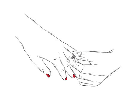 Hand of man wearing wedding ring on woman finger drawing on white background with redのイラスト素材