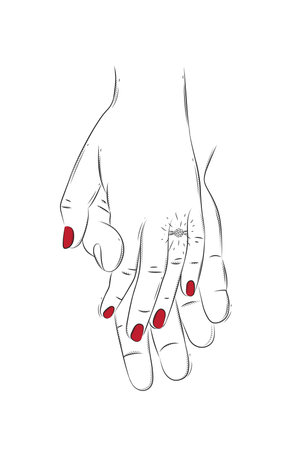 Hands of woman with ring and man holding each other and waiting for the wedding drawing on white background with redのイラスト素材