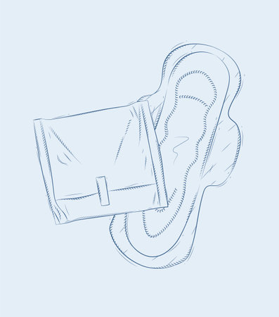 Women sanitary pad packed and unpacked composition drawing on blue backgroundのイラスト素材